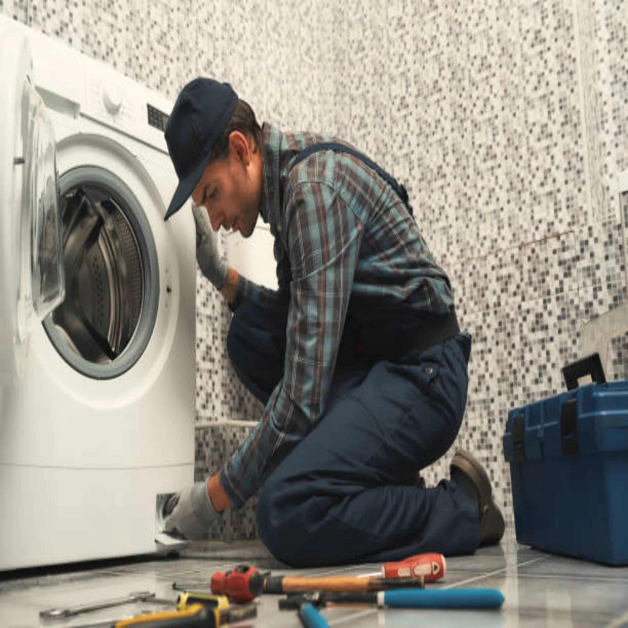 Reparación de lavadora Maytag; técnico revisando un electrodoméstico