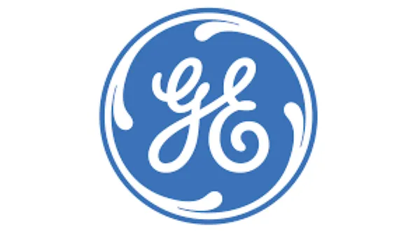 Imagen que muestra un fondo blanco con un círculo azul que se compone con caligrafía referente a la marca General Electric como símbolo de la reparación de congeladores de esa marca