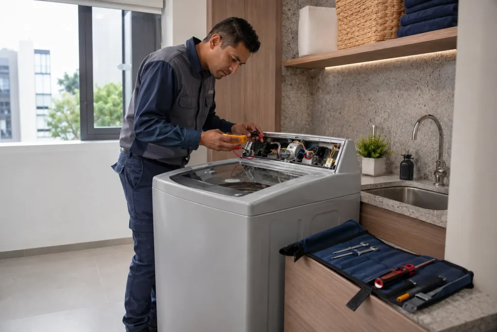 Técnico diagnosticando un refrigerador y una lavadora a domicilio en Miguel Hidalgo