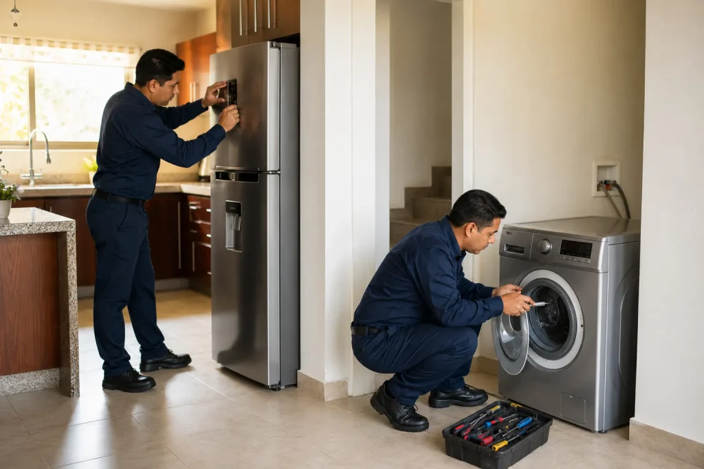 Técnicos reparando una lavadora y un refrigerador a domicilio en Tlalpan
