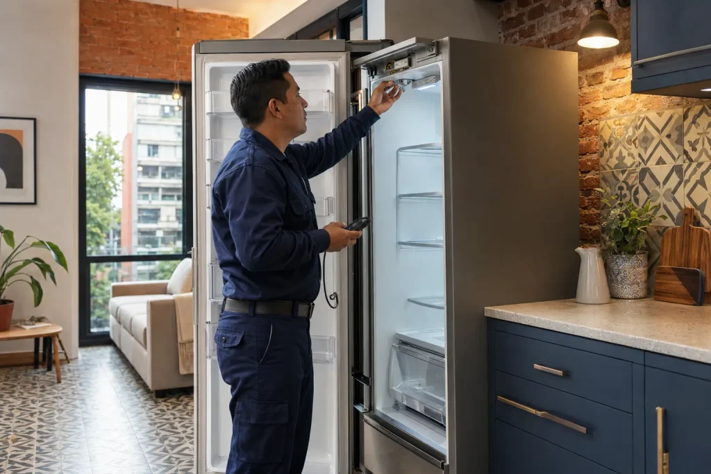 Técnico revisando un refrigerador durante un servicio a domicilio en Cuauhtémoc