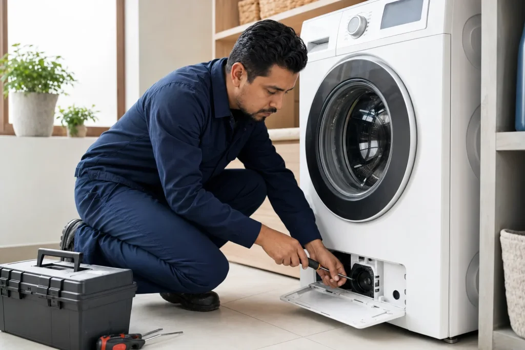 Técnico revisando una lavadora durante un servicio de reparación en Tlalpan