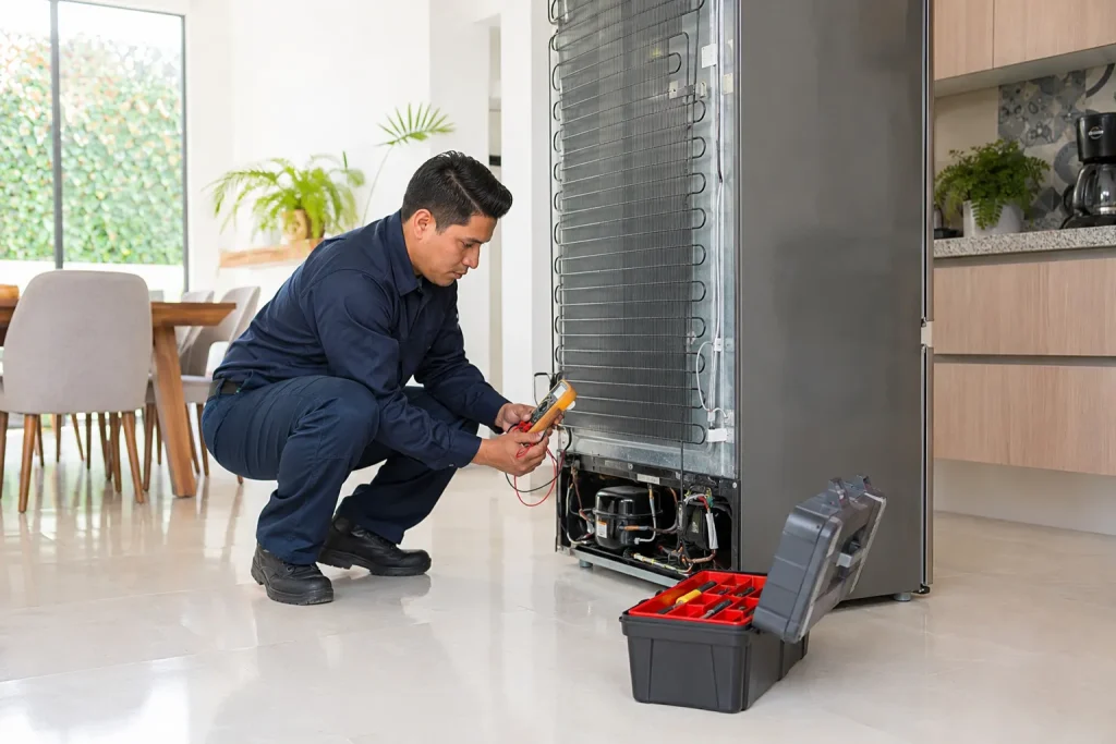 Técnico realizando reparación de refrigerador a domicilio en Tlalpan, CDMX